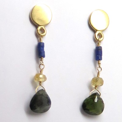 Pendants d’oreilles en or jaune lapis-lazuli et tourmaline verdelite C61