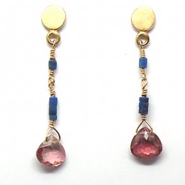 Pendants d’oreilles en or rose lapis-lazuli et tourmalines roses C60