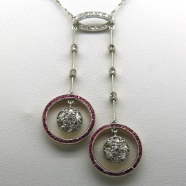 Collier Négligé en or diamants et pierres rouges 345 - Bijou ancien vers 1900