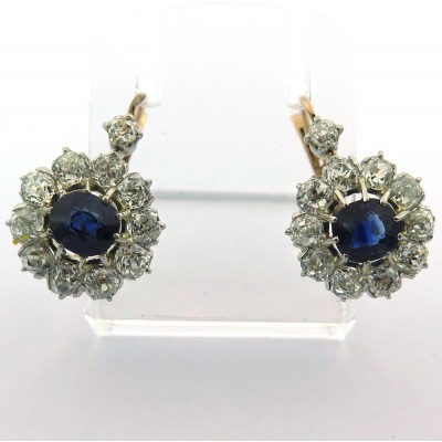 Bijoux 1900 – Boucles d’oreilles anciennes vers 1900 en platine or rose saphir diamants 203