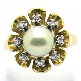 Bijou vintage occasion - Bague marguerite en or perle de culture et diamants 2373