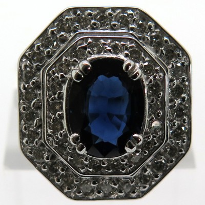 Bague art déco ancienne saphir diamants monture octogonale or blanc – Modèle Cluny 1813